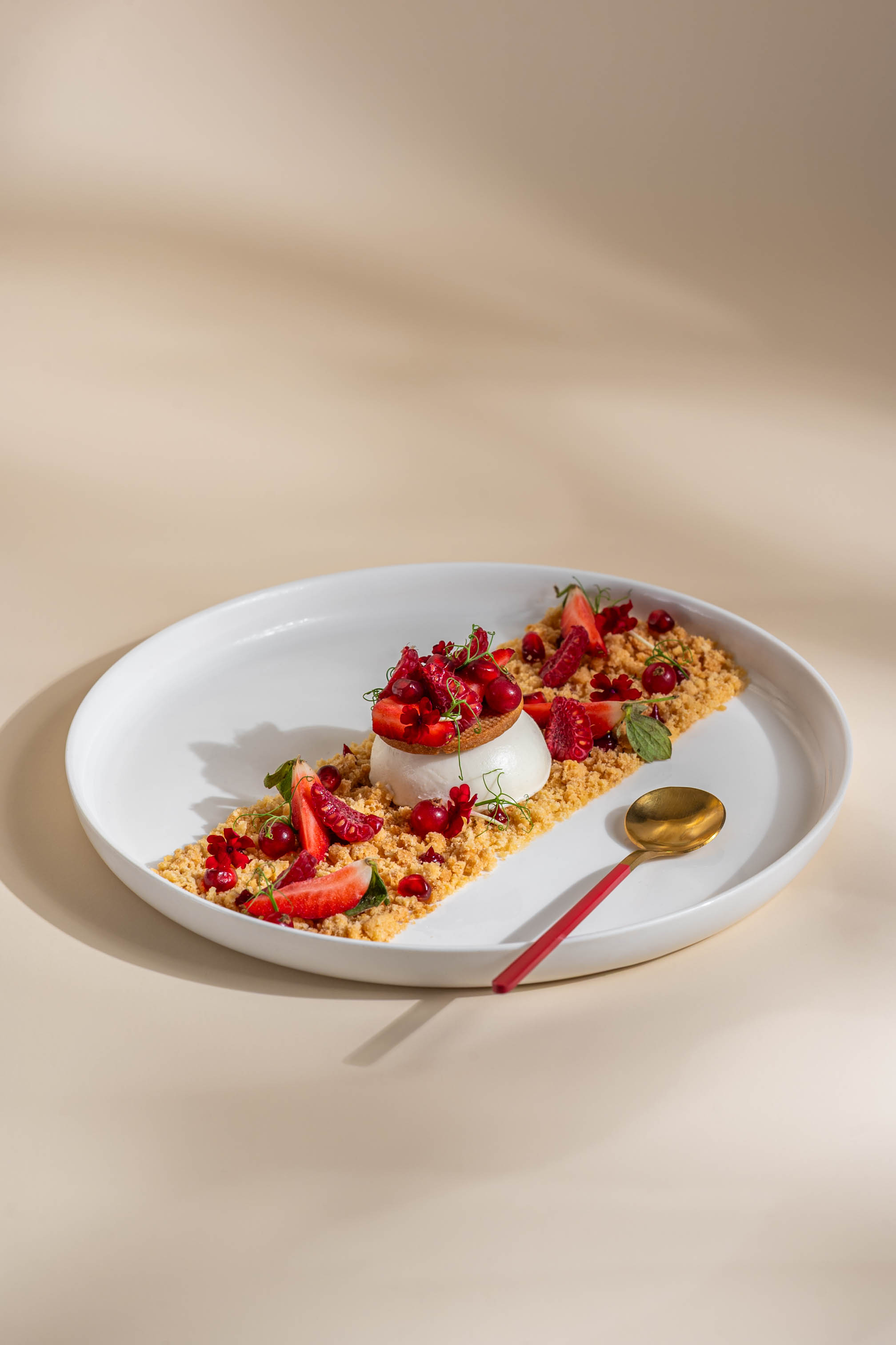 Photographie culinaire d'un dessert gastronomique : panna cotta crémeuse sur un lit de crumble croustillant, décorée de fraises fraîches et baies rouges, avec une cuillère dorée.